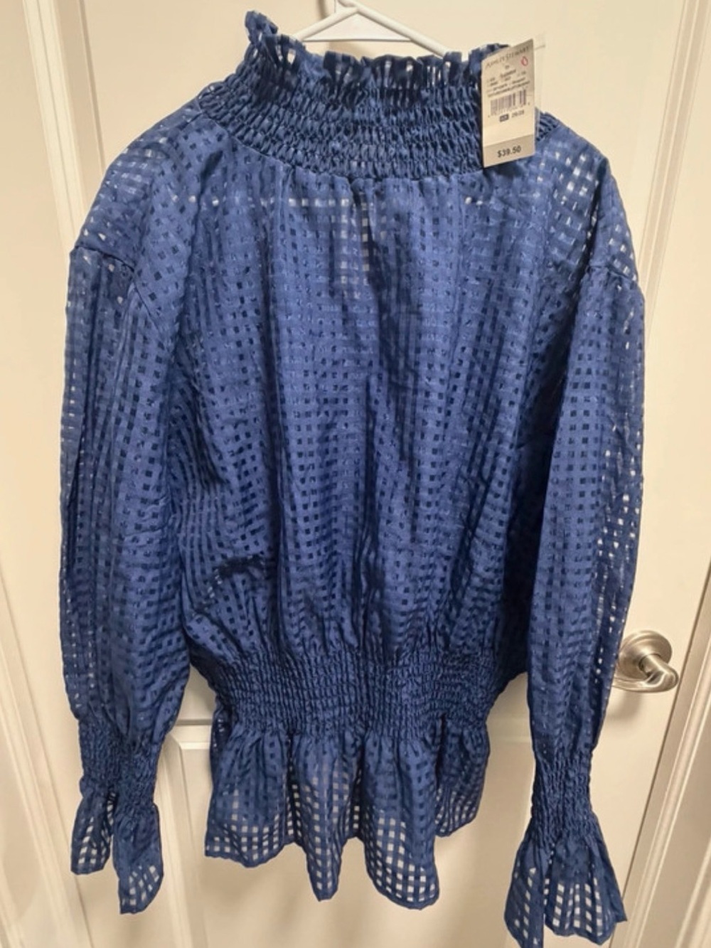 Ashley Stewart Navy Blue Smocked Neck Sheer Grid Blouse